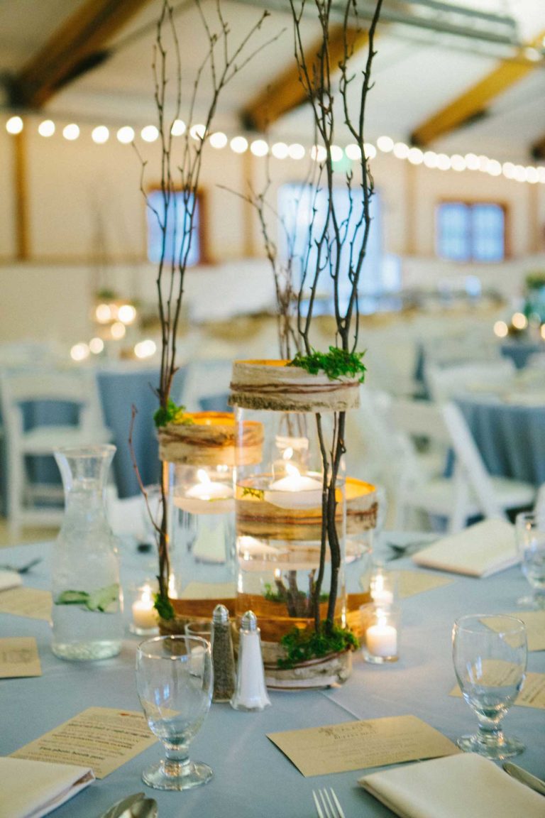Rustic wedding centerpiece with birch wood and branches, Olivia Sloan Events wedding planning at Pickering Barn Issaquah