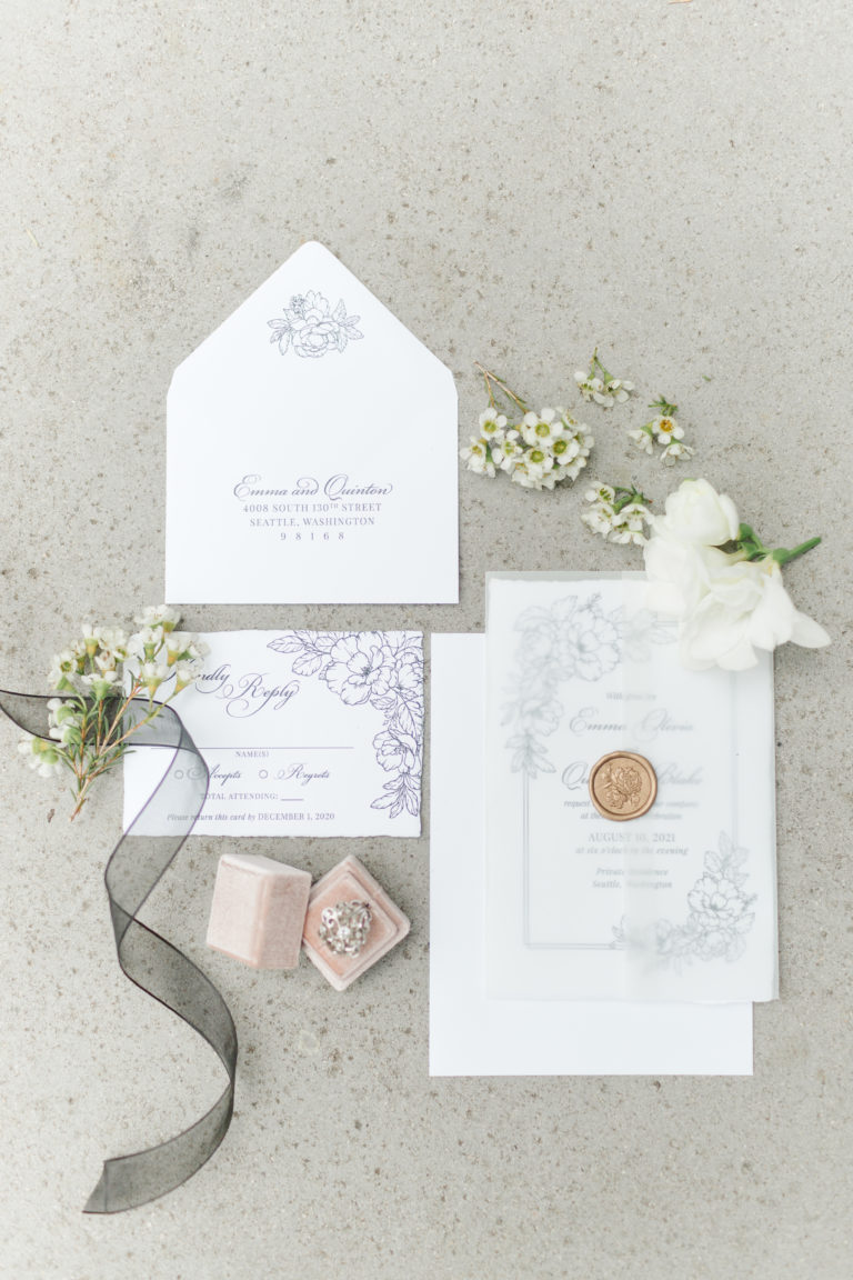 Elegant wedding stationery suite and floral details for personalized wedding planning.