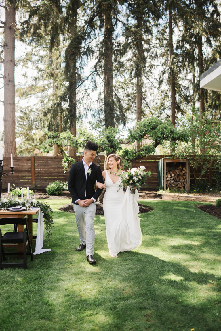 Modern green wedding ceremony in a forest setting and outdoor reception details.