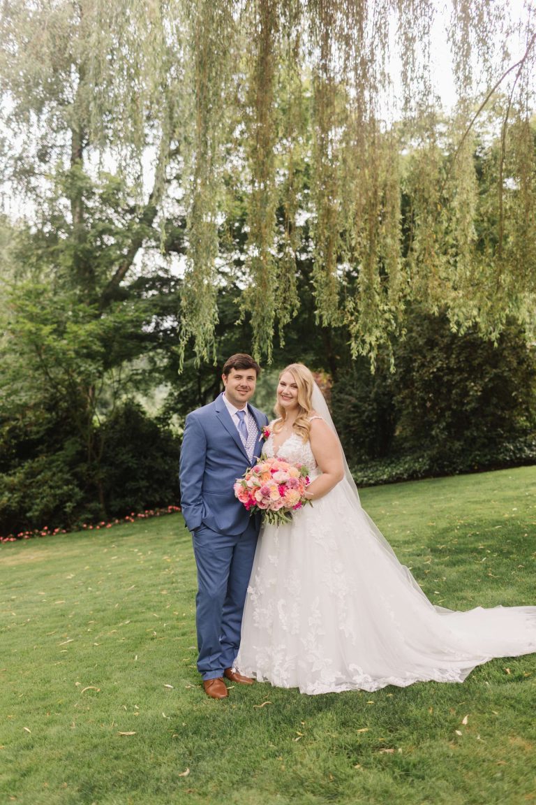 Puyallup garden wedding bride and groom portrait, joyful couple celebrating their wedding day Moch Snyder Photography