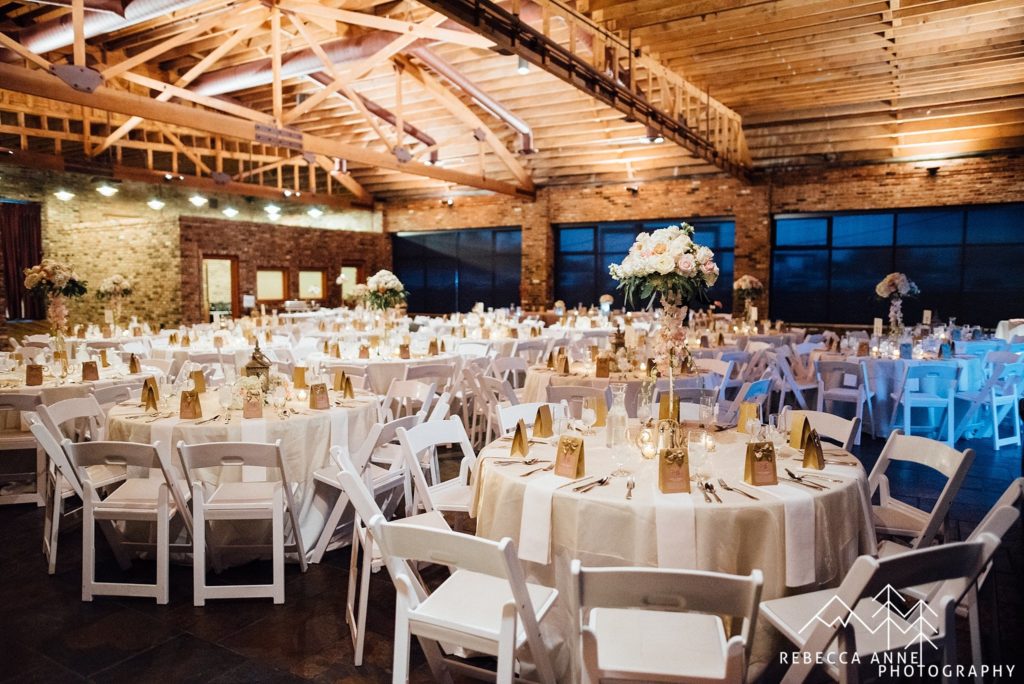 Historic 1625 Tacoma wedding indoor venue with white tables and chairs for wedding reception