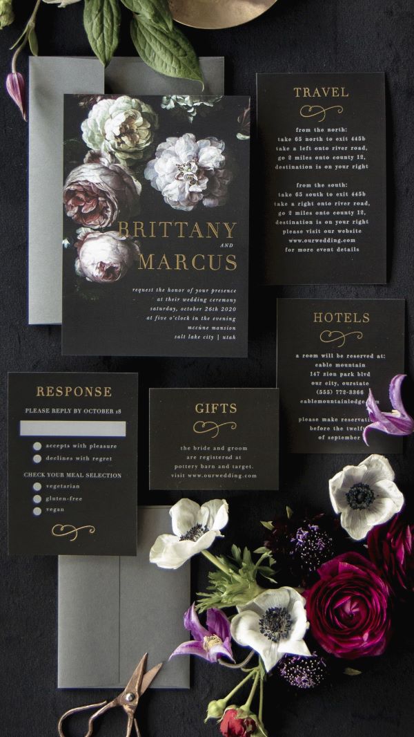 Dark Moody florals wedding invitation suite stationery